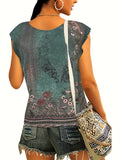 Romildi Floral Print V Neck T-Shirt, Casual Cap Sleeve Top For Spring & Summer, Women's Clothing
