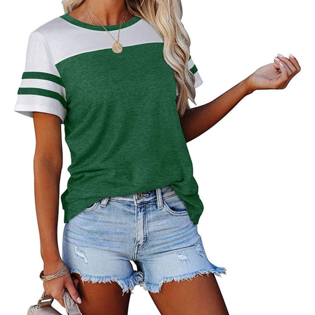 Romildi Two Tone Basic Crew Neck T-shirt, Casual Loose Short Sleeve Fashion Summer T-Shirts Tops, Women's Clothing