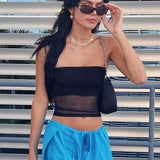 Romildi Contrast Mesh Crop Tube Top, Sexy Backless Slim Tube Top For Summer, Women's Clothing