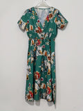 Romildi Floral Print Surplice Neck Dress, Boho Short Sleeve Shirred Waist Dress, Women's Clothing