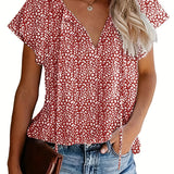 Romildi V Neck Flutter Sleeve Blouse, Loose Casual Top For Summer & Spring, Women's Clothing