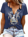 Romildi Letter & Skull Print T-Shirt, V Neck Short Sleeve T-Shirt, Casual Every Day Tops, Women's Clothing