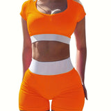 romildi 2pcs Women's Summer Workout Set - Ribbed Two Tone Crop Top & High Waist Shorts for Casual & Sports Activities