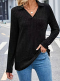 Romildi Ribbed Pocket V Neck T-Shirt, Casual Long Sleeve Top For Spring & Fall, Women's Clothing