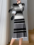 Romildi Striped Print Long Sleeve Knit Dress, Elegant Crew Neck A-line Dress, Women's Clothing