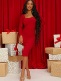 Romildi Ruched Square Neck Dress, Elegant Solid Long Sleeve Slim Dress, Women's Clothing
