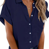 Romildi Versatile Solid Pocket Shirt, Button Down Short Sleeve Shirt, Casual Every Day Tops, Women's Clothing