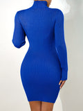 Romildi Solid Rib Knit Sweater Dress, Sexy High Neck Zipper Cut Out Slim Dress, Women's Clothing