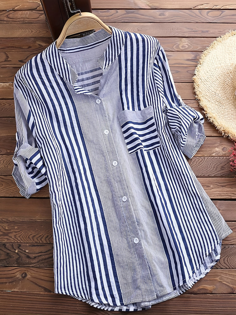 Romildi Striped Print Rollable Sleeve Shirt, Casual Button Front Hem Arc Collar Shirt, Women's Clothing