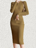 Romildi Ribbed Button Front Dress, Casual V Neck Long Sleeve Dres, Women's Clothing