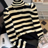 Romildi Striped Turtle Neck Cut Out Sweater, Casual Long Sleeve Sweater For Spring & Fall, Women's Clothing