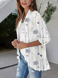 Romildi Floral Print Open Front Ruffle Hem Cardigan, Casual Half Sleeve Cardigan For Summer & Spring, Women's Clothing
