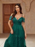 Mesh Cold Shoulder Dress, Elegant Layered Evening Dress For Party & Banquet, Women's Clothing