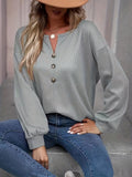 Romildi Button Front Notch Neck T-Shirt, Casual Long Sleeve Top For Spring & Fall, Women's Clothing