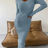 Romildi Ribbed Solid Bodycon Dress, Elegant V Neck Long Sleeve Dress, Women's Clothing