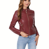 Romildi Solid Faux Leather Zipper Jackets, Casual Long Sleeve Slant Pockets Moto Jacket For Fall & Winter, Women's Clothing