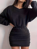 Romildi Ruched Bodycon Dress, Sexy Long Sleeve Bag Hip Mini Dress, Women's Clothing