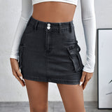 romildi  Plain Flap Pockets Cargo Denim Mini Skirt, High Stretch Double Button Washed Denim Skirt, Women's Denim Clothing