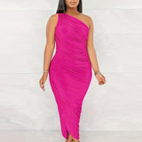 Romildi Ruched One Shoulder Dress, Sexy Sleeveless Bodycon Party Solid Dress, Women's Clothing