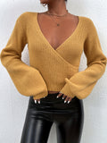 Romildi Solid Surplice Neck Knit Sweater, Casual Long Sleeve Crop Sweater, Women's Clothing