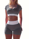 romildi 2pcs Women's Summer Workout Set - Ribbed Two Tone Crop Top & High Waist Shorts for Casual & Sports Activities