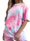 Romildi Plus Size Casual Outfits Set, Women's Plus Tie Dye Short Sleeve Round Neck Top & Shorts Outfits Two Piece Set