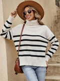 Romildi Striped Turtle Neck Pullover Sweater, Casual Long Sleeve Split Sweater, Women's Clothing