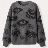 Romildi Eye Pattern Crew Neck Sweater, Y2K Long Sleeve Pullover Sweater, Women's Clothing