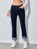 Romildi Raw Hem Rolled Legs Mid Rise Slim Fit Straight Legs High Stretchy Washed Blue Color Vintage Straight Jeans, Women's Denim Jeans