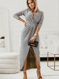 Romildi Sexy V-neck Slit Waist Dress, Casual Solid Asymmetrical Long Sleeve Long Dresses, Women's Clothing