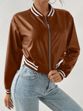 Romildi Faux Leather Crop Jacket, Y2K Zip Front Long Sleeve Jacket For Fall & Winter, Women's Clothing