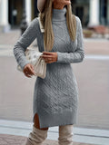 Romildi Solid Turtleneck Split Knitted Dress, Elegant Long Sleeve Dress For Fall & Winter, Women's Clothing