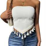 romildi Contrast Tim Hanky Hem Tube Top, Vintage Tie Back Tassel Decor Tube Summer Top, Women's Clothing