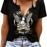 Romildi Letter & Skull Print T-Shirt, V Neck Short Sleeve T-Shirt, Casual Every Day Tops, Women's Clothing