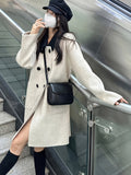 Romildi Double Breasted Dual Pockets Coat, Long Sleeve Lapel Coat For Fall & Winter, Women's Clothing