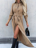 Romildi Solid Button Front Dress, Elegant Long Sleeve Belted Lapel Dress, Women's Clothing