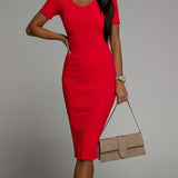 Romildi Solid Ribbed Dress, Elegant V Neck Short Sleeve Slim Dress, Women's Clothing