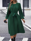 Romildi Solid Crew Neck Ruched Dress, Elegant Lantern Sleeve Belted Dress, Women's Clothing