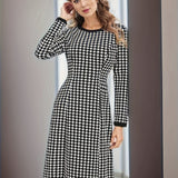 Romildi Houndstooth Pattern Contrast Trim Dress, Elegant Long Sleeve Crew Neck Dress, Women's Clothing