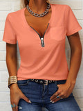 Romildi Women's T-shirt Zipper Neck V Neck Crop Sleeve Teddy T-Shirt