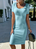 Romildi Solid Ribbed Dress, Elegant V Neck Short Sleeve Slim Dress, Women's Clothing