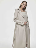 Romildi Solid Faux Leather Double Lapel Long Sleeve Trench Coat, Fashion Fall Winter Overcoat, Women's Clothing