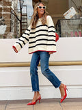 Romildi Striped Crew Neck Loose Sweater, Elegant Long Sleeve Sweater For Fall & Winter, Women's Clothing