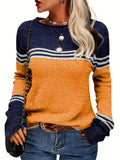 Romildi Color Block Boat Neck Knitted Top, Casual Long Sleeve Pullover Sweater For Fall & Winter, Women's Clothing