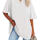 Romildi Basic Loose Solid T-Shirts, Casual Short Sleeve V-Neck T-Shirts, Casual Every Day Tops, Women's Clothing