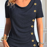 Romildi Button Decor Ruched T-Shirt, Casual Short Sleeve Top For Spring & Summer, Women's Clothing