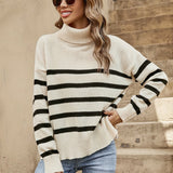 Romildi Striped Turtle Neck Pullover Sweater, Casual Long Sleeve Split Sweater, Women's Clothing