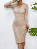 Romildi Solid Rib Knit Sweater Dress, Elegant V Neck Long Sleeve Midi Dress, Women's Clothing