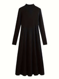 Romildi Mock Neck Ribbed Dress, Casual Solid Long Sleeve Midi Dress, Women's Clothing