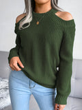 Romildi Solid Color Crew Neck Cold Shoulder Knitted Tops, Casual Everyday Pullover Sweaters, Women's Clothing